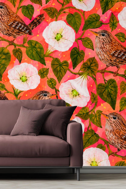 Wallpaper installed in a child's room featuring vibrant coral backdrop, green leaves, white moonflowers, and perched wrens behind yellow-dw0