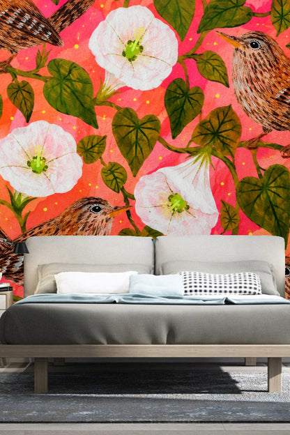 White moonflowers in bloom with faint pink shading and green centers in a graceful pattern on bright background.