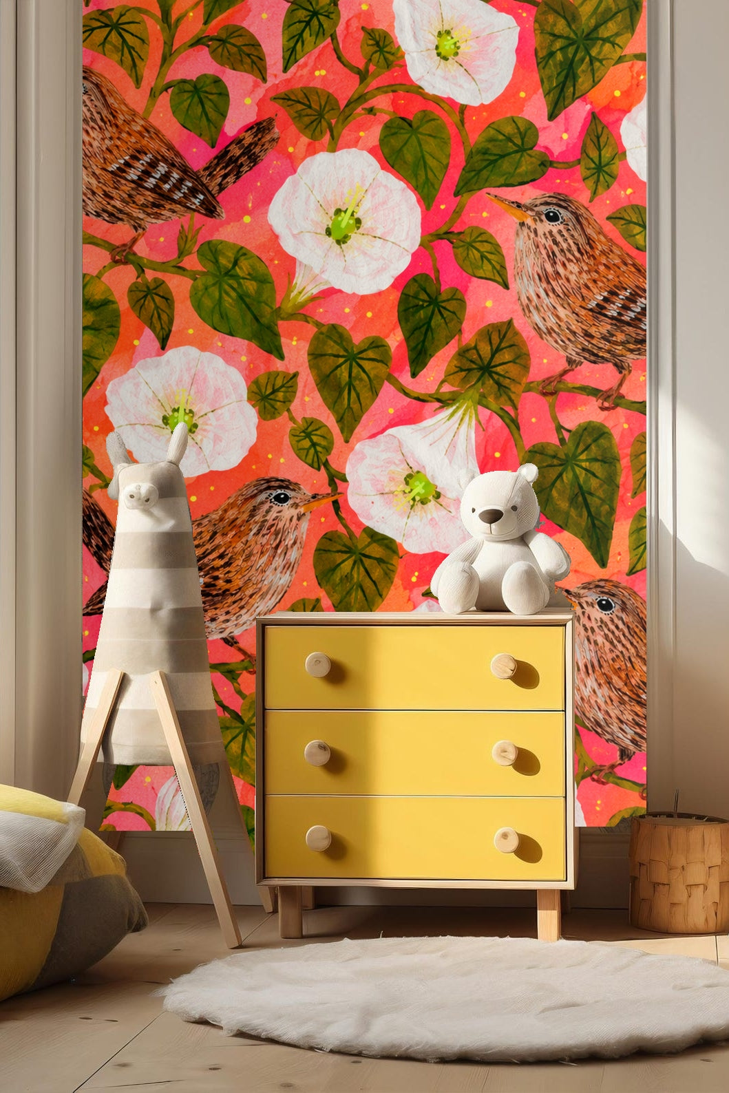 Wallpaper detail showing small brown wrens with streaked feathers among green leaves and white moonflowers on a coral-pink background.