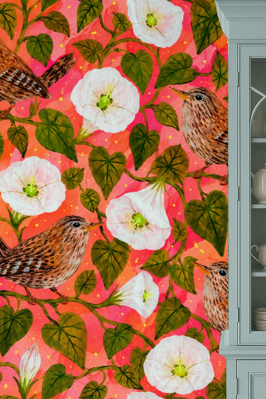 Close view of wren’s eye and feather pattern emphasizing naturalistic style against graphic coral-pink background.