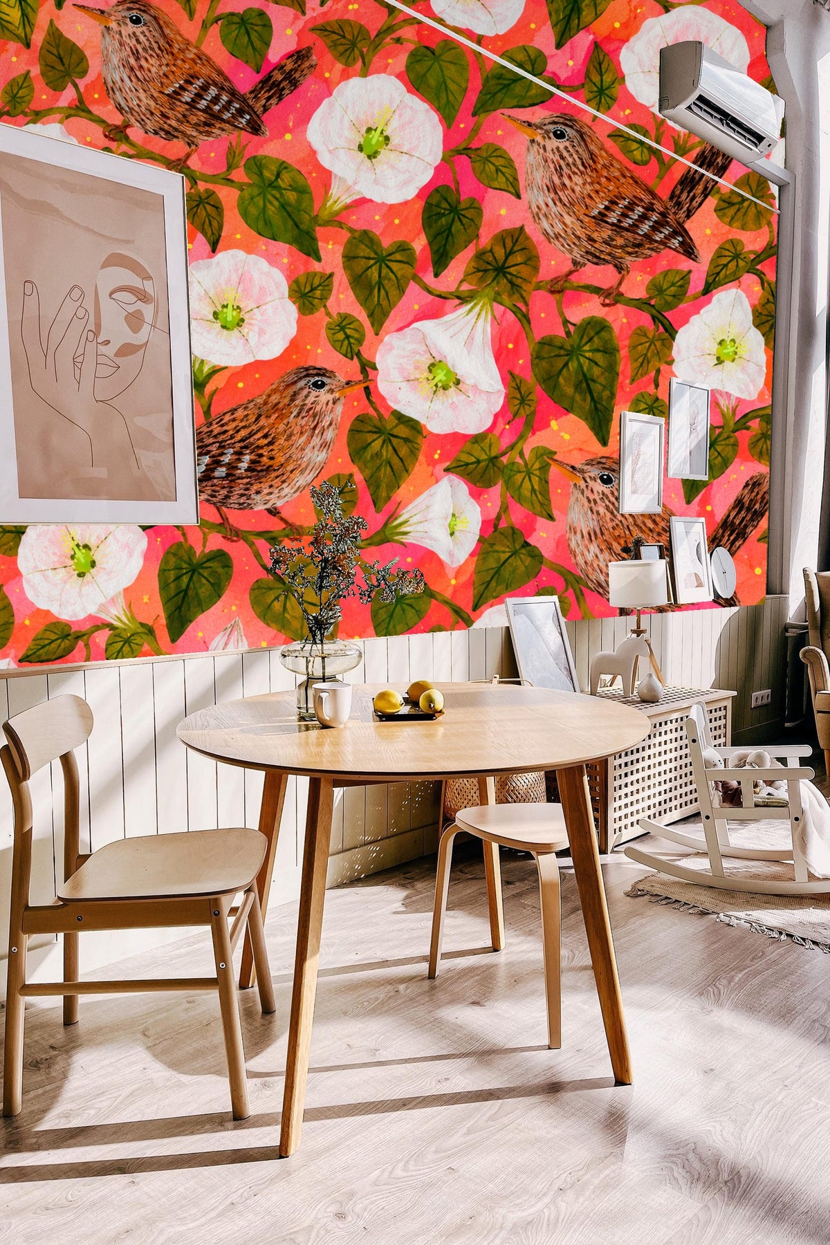 Pattern repeat showing multiple wrens and moonflowers against rich coral-red, with lush green leaves.