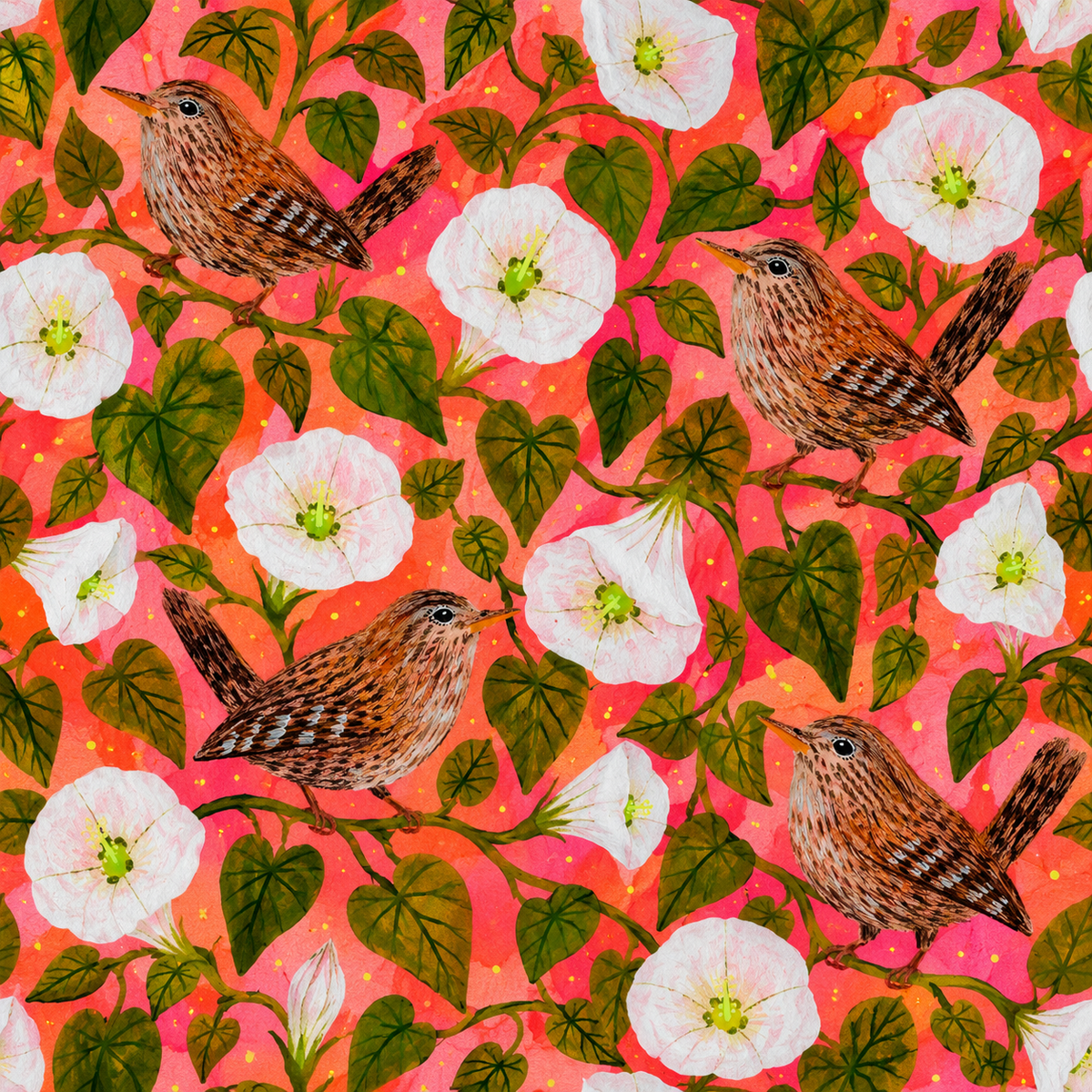 Overall wallpaper pattern showcasing a harmonious balance of floral, foliage, and avian elements on a coral-pink field.
