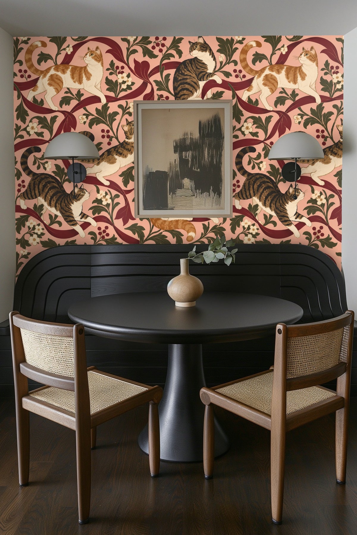Fabric texture of wallpaper featuring illustrative cats and winding ribbons in warm tones and olive greenery.