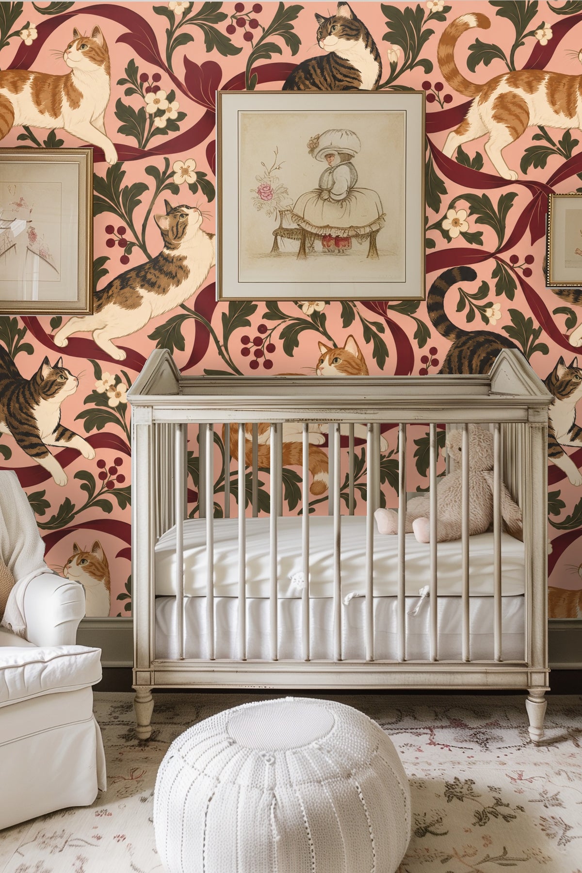 Stretch of wallpaper displaying two tabby cats perched on crimson ribbons surrounded by foliage and clusters of berries.