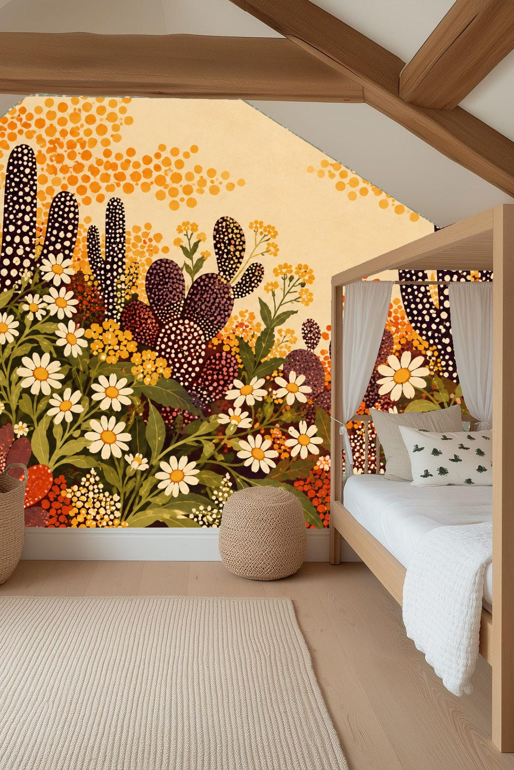 Illustration of desert cacti with white spots and clusters of daisies on a warm beige background