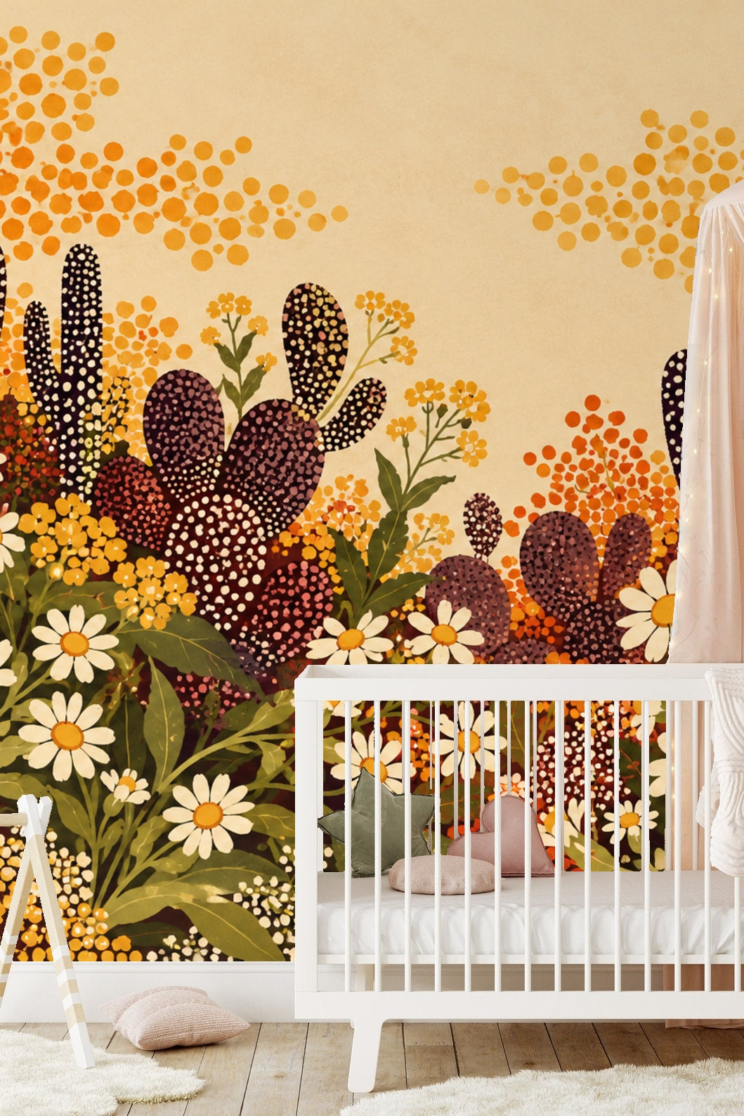 Pattern detail of terracotta and purple cacti with white dots alongside yellow and orange wildflowers