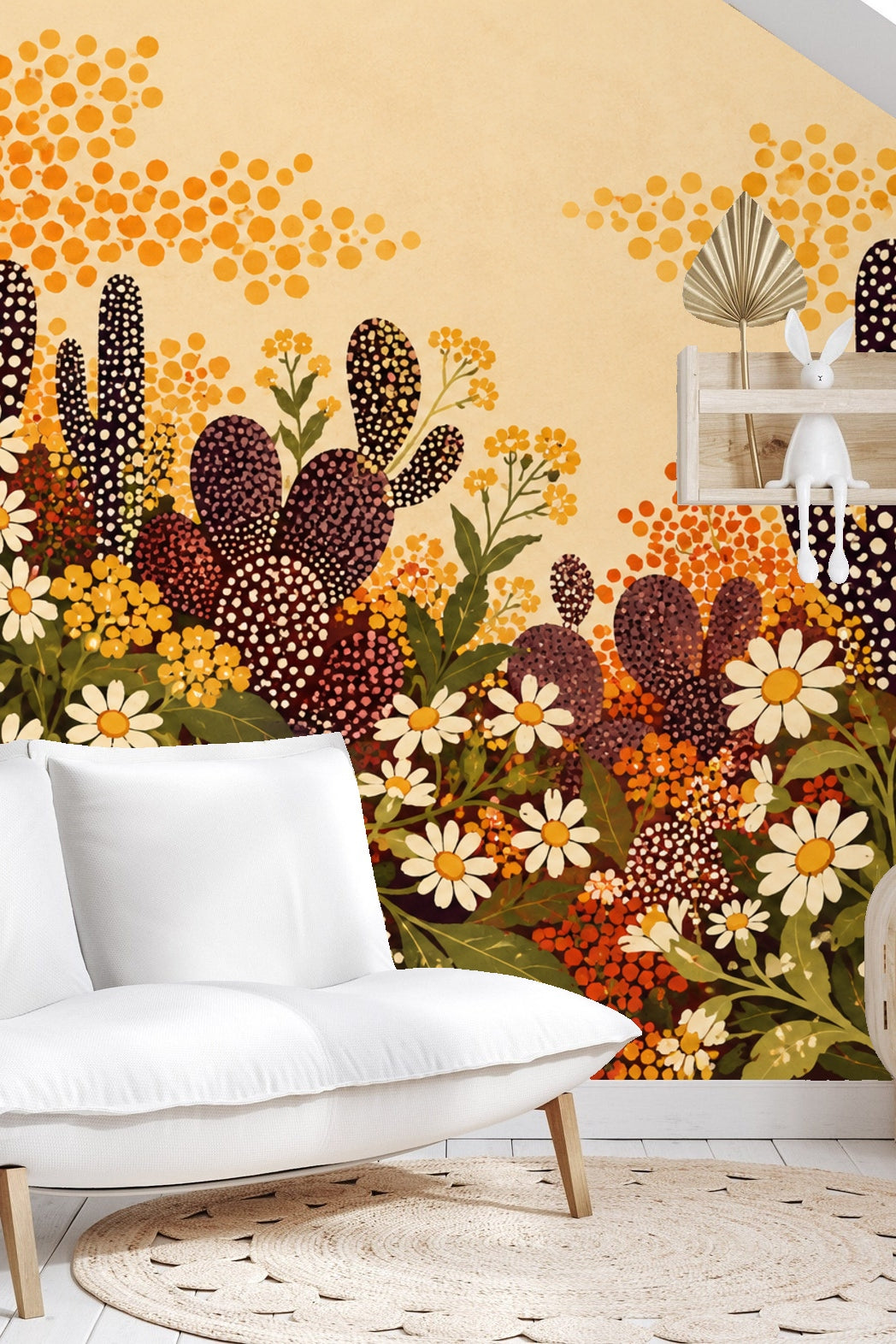 Close-up of floral and cactus wallpaper pattern showing clustered wildflowers and spotted succulents on a beige backdrop