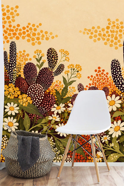 Muted beige background with bursts of dotted cactus plants and wildflowers in complementary warm tones