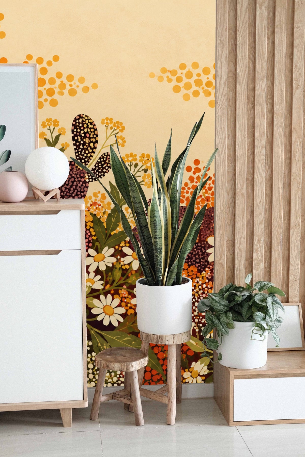 Rust and ochre flower clusters mingling with green leaves in a dense, stylized arrangement