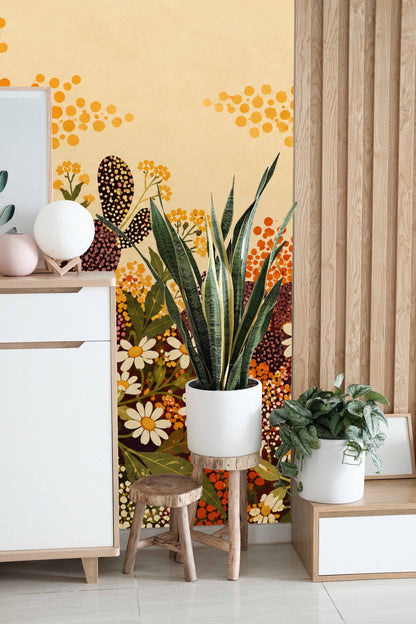 Rust and ochre flower clusters mingling with green leaves in a dense, stylized arrangement