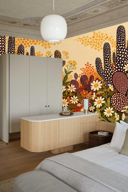 Artistic depiction of desert flora with graphic, repetitive spots creating a textural effect
