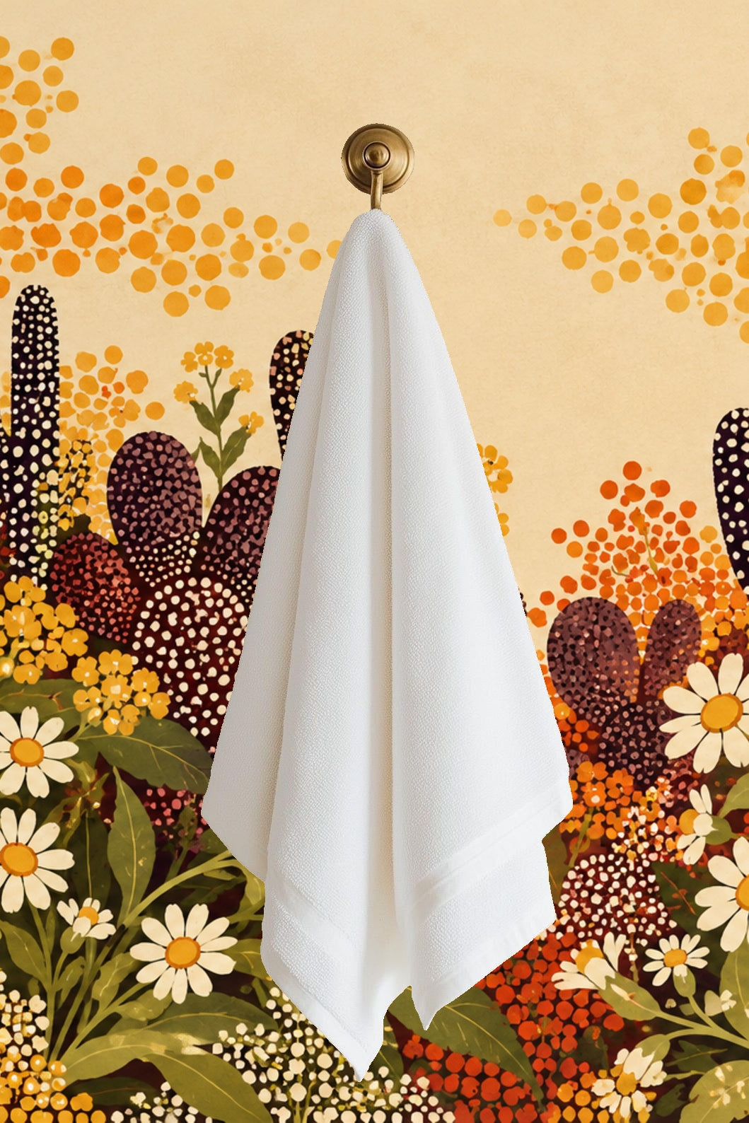 Spotted prickly pear cactus pads layered among bright yellow blossoms and white daisies