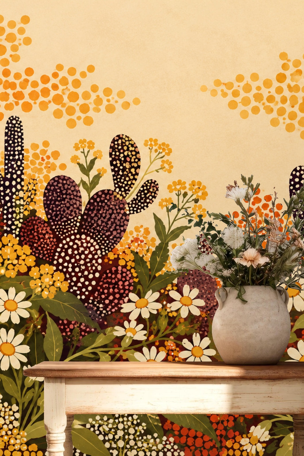 Bedroom wall featuring large-scale dotted cacti and floral wallpaper with wood ceiling beams and light rug