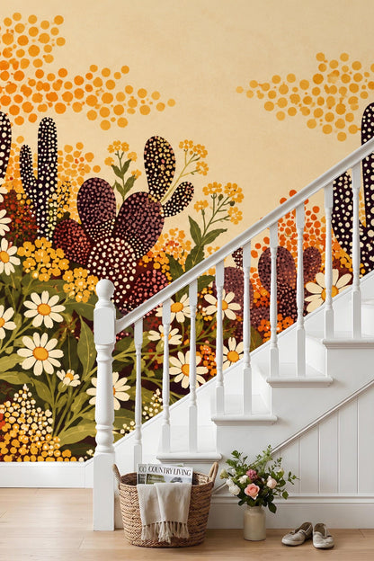 Full wallpaper scene with dark dotted cacti set among dense green foliage and white daisies