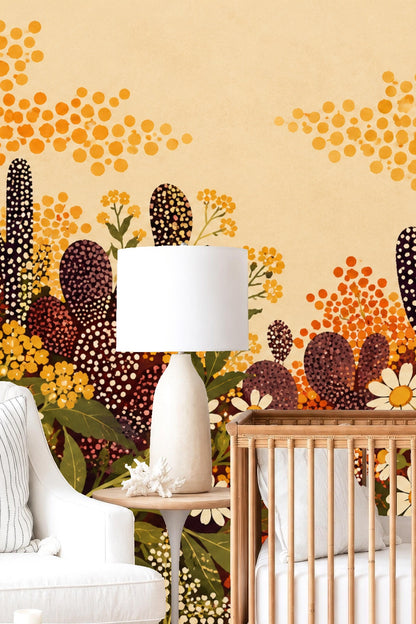 Illustration style showing midcentury-inspired botanical elements with playful dotting effect