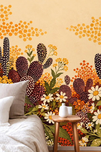 Close visual showing leaves and flower stems intertwined with polka-dotted succulents