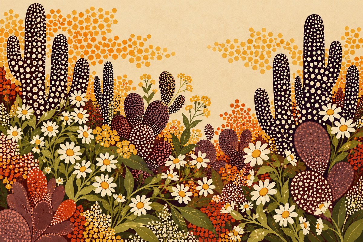 Decorative floral wallpaper with a harmonious blend of earth hues and midcentury graphic dots