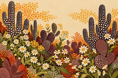 Decorative floral wallpaper with a harmonious blend of earth hues and midcentury graphic dots