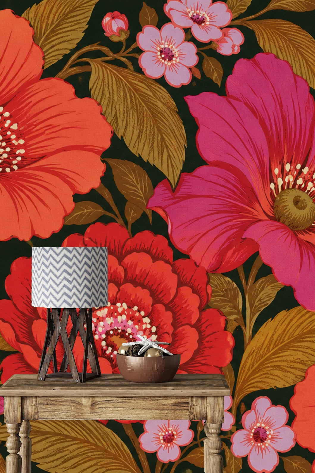 Living room corner featuring large-scale coral and magenta floral wallpaper with wooden cabinet and bench