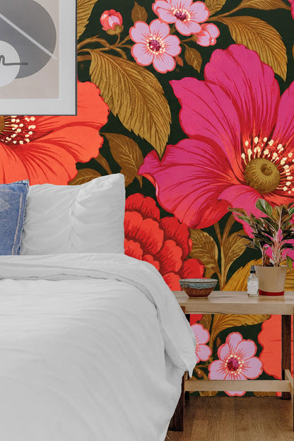Poppy and Rose Expanse wallpaper shown in an interior setting