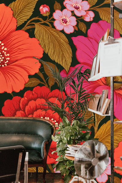 Poppy and Rose Expanse wallpaper shown in an interior setting