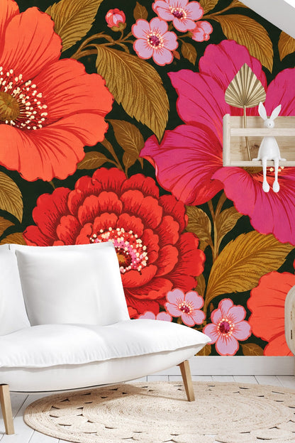 Poppy and Rose Expanse wallpaper shown in an interior setting