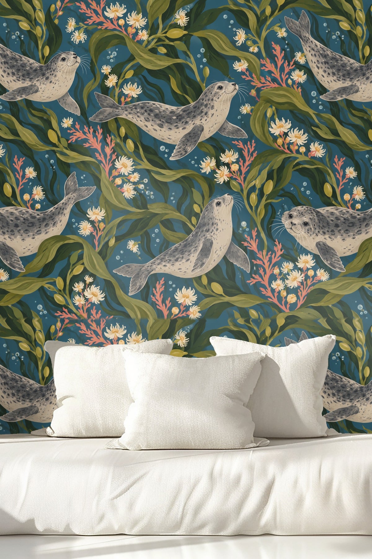 Original art showing playful harbor seals swimming among kelp and sea flowers on deep blue background
