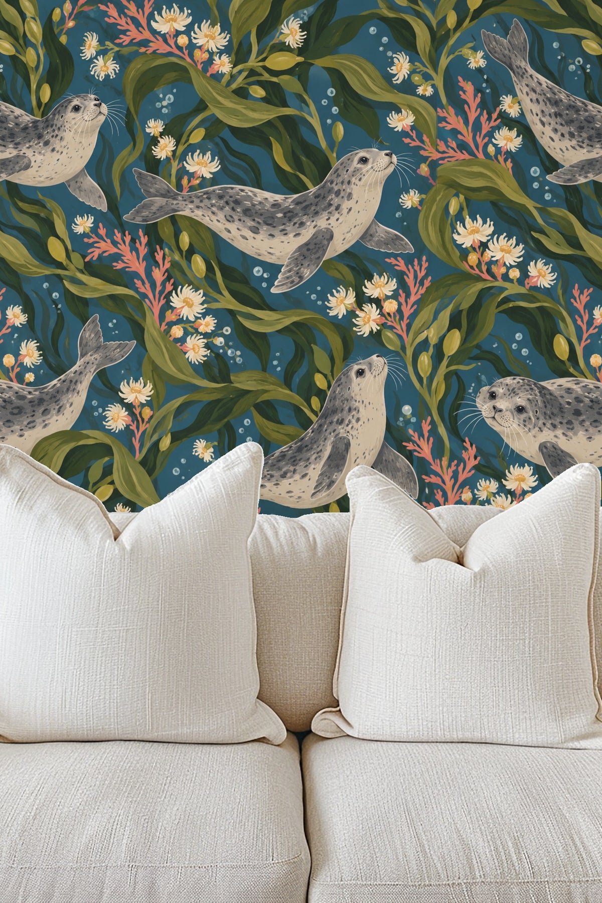 Detail of articulated kelp leaves and small coral-like flowers from wallpaper