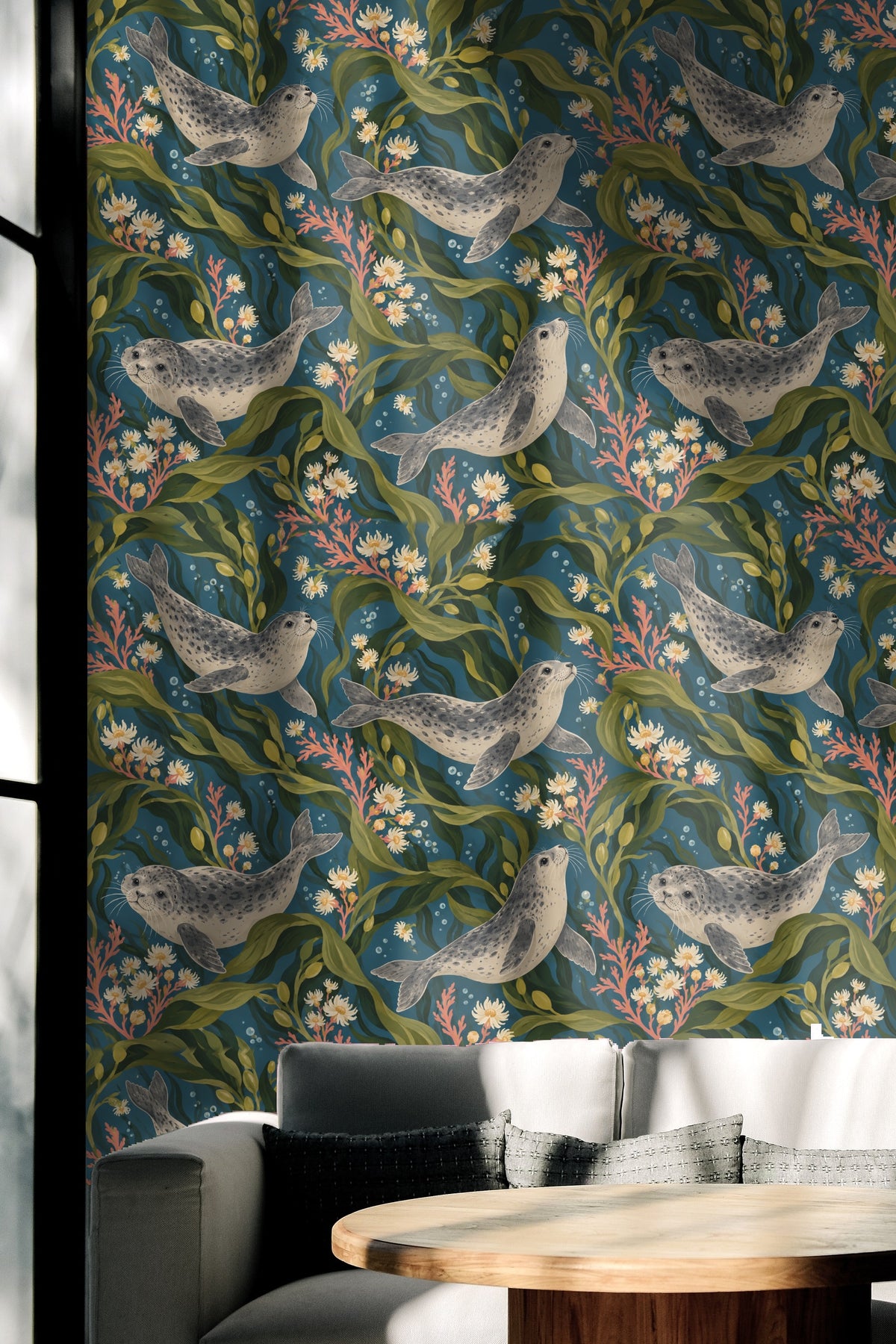 Stylized marine wallpaper pattern incorporating bubbles and textures