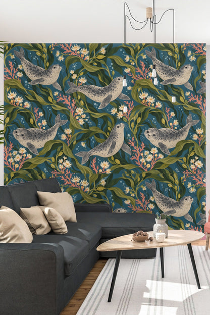 Section of mural showing layering of sea plants and bubbles