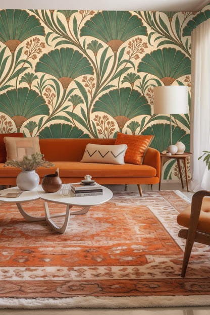 Green and brown fan-shaped foliage wallpaper pattern in close-up detail