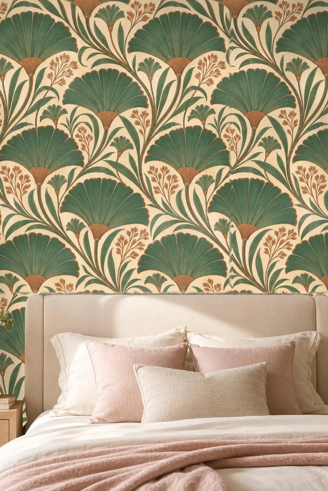 Green fan foliage wallpaper detail showing line texture