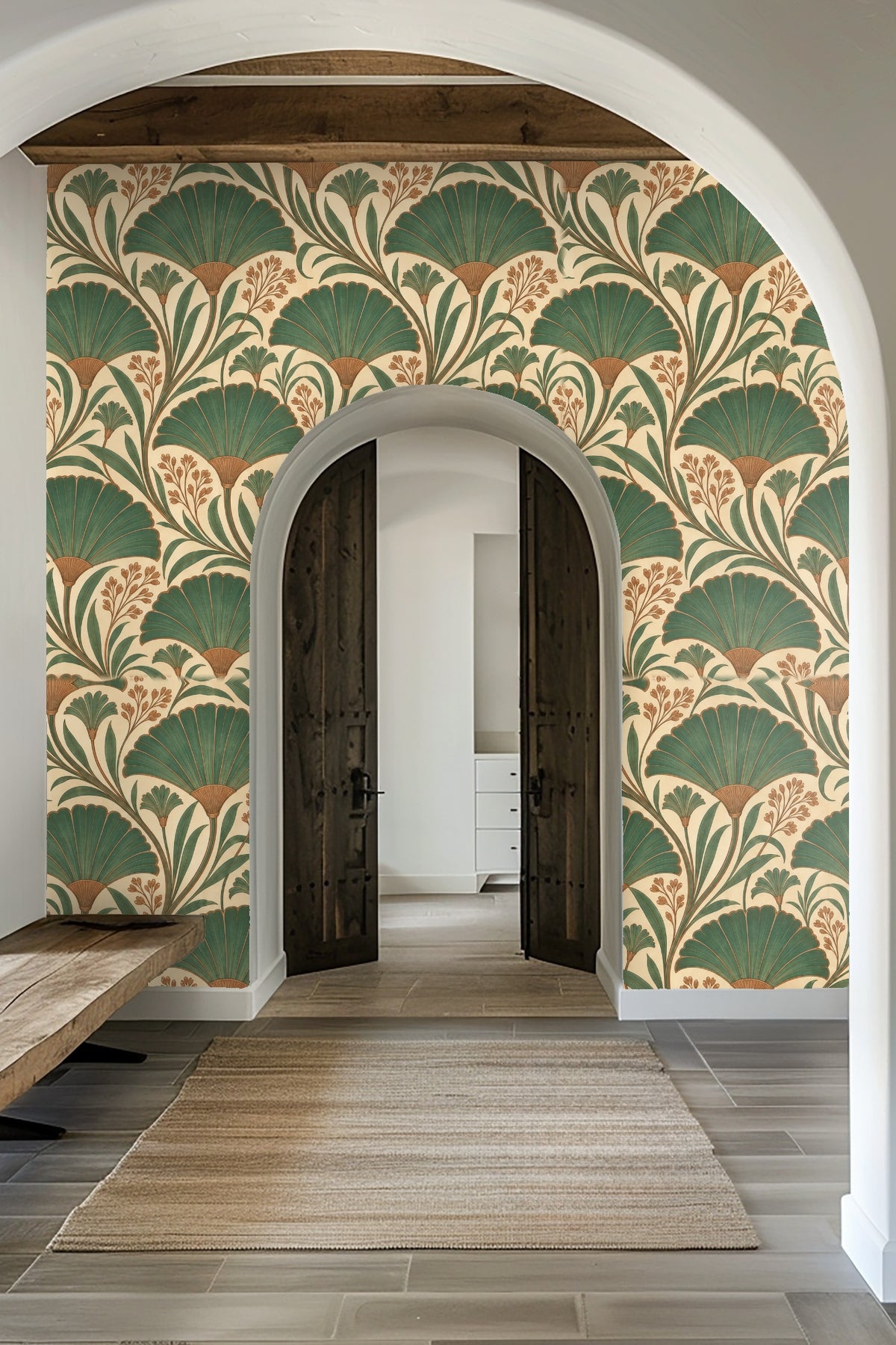 Green and brown botanical wallpaper harmonizing with natural wood elements
