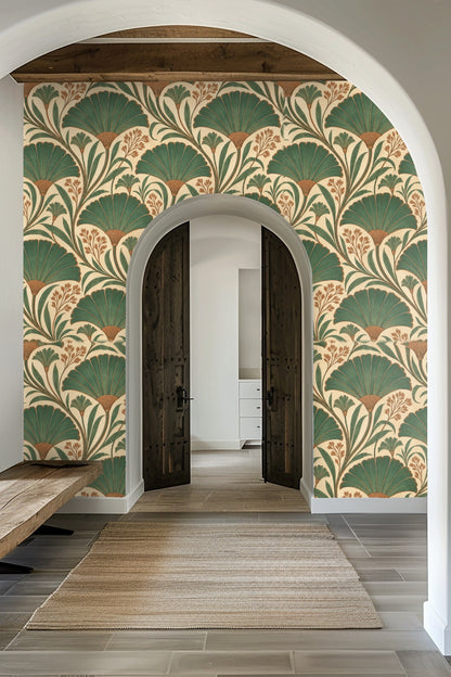 Green and brown botanical wallpaper harmonizing with natural wood elements