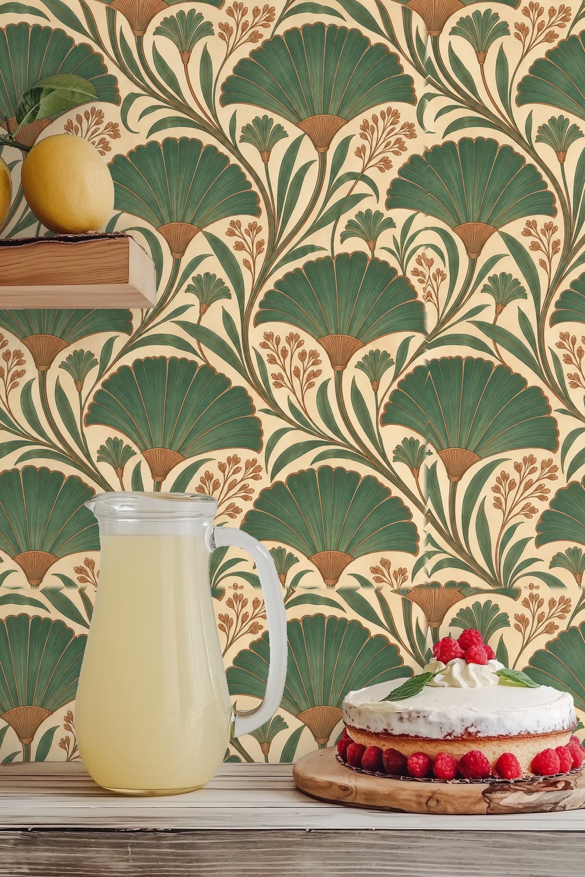 Leaf and floral wallpaper with fan shapes on cream background for a classic look
