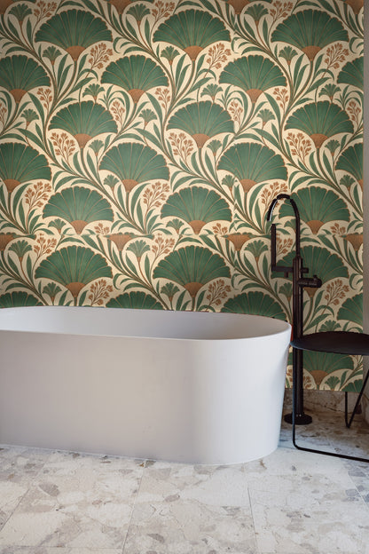 Pattern wallpaper creating a vintage botanical style with green and brown accents