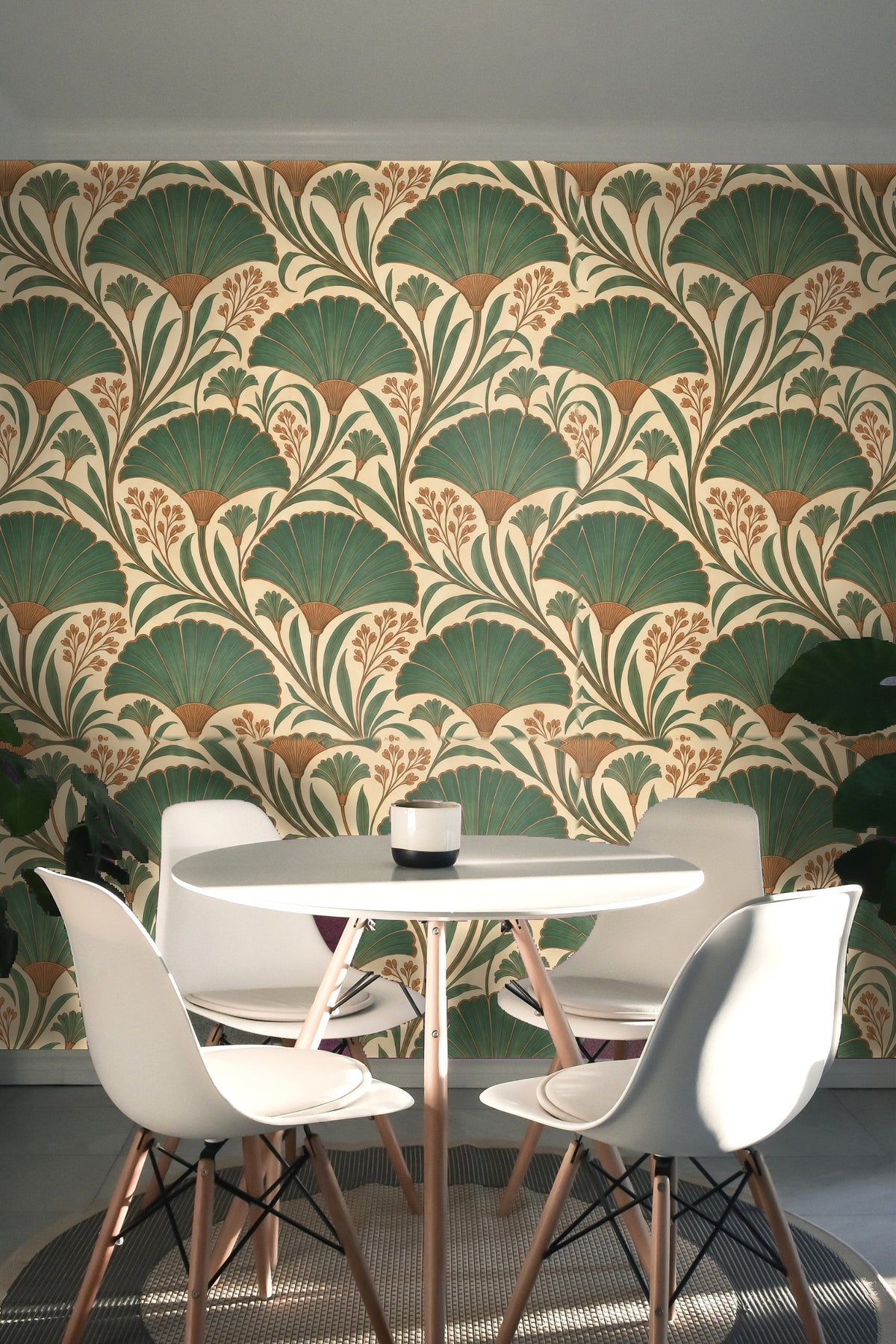 Wallpaper wall behind a mid-century modern styled lounge chair