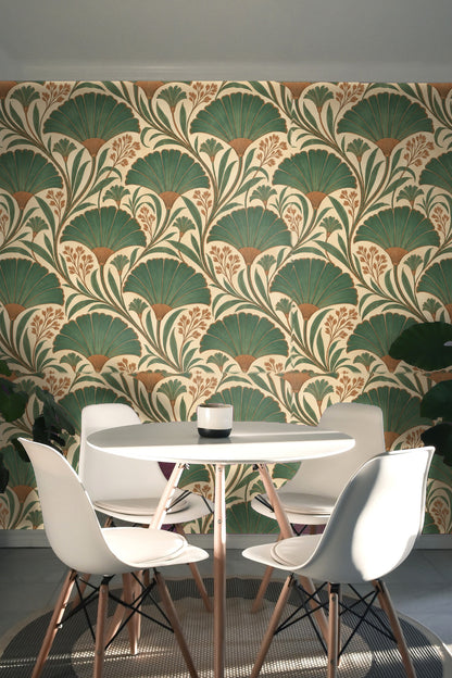 Wallpaper wall behind a mid-century modern styled lounge chair