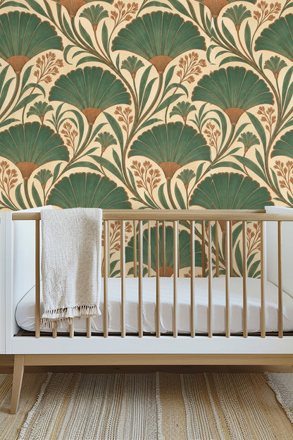 Decorative green fan-shaped leaves and brown branch motifs repeating