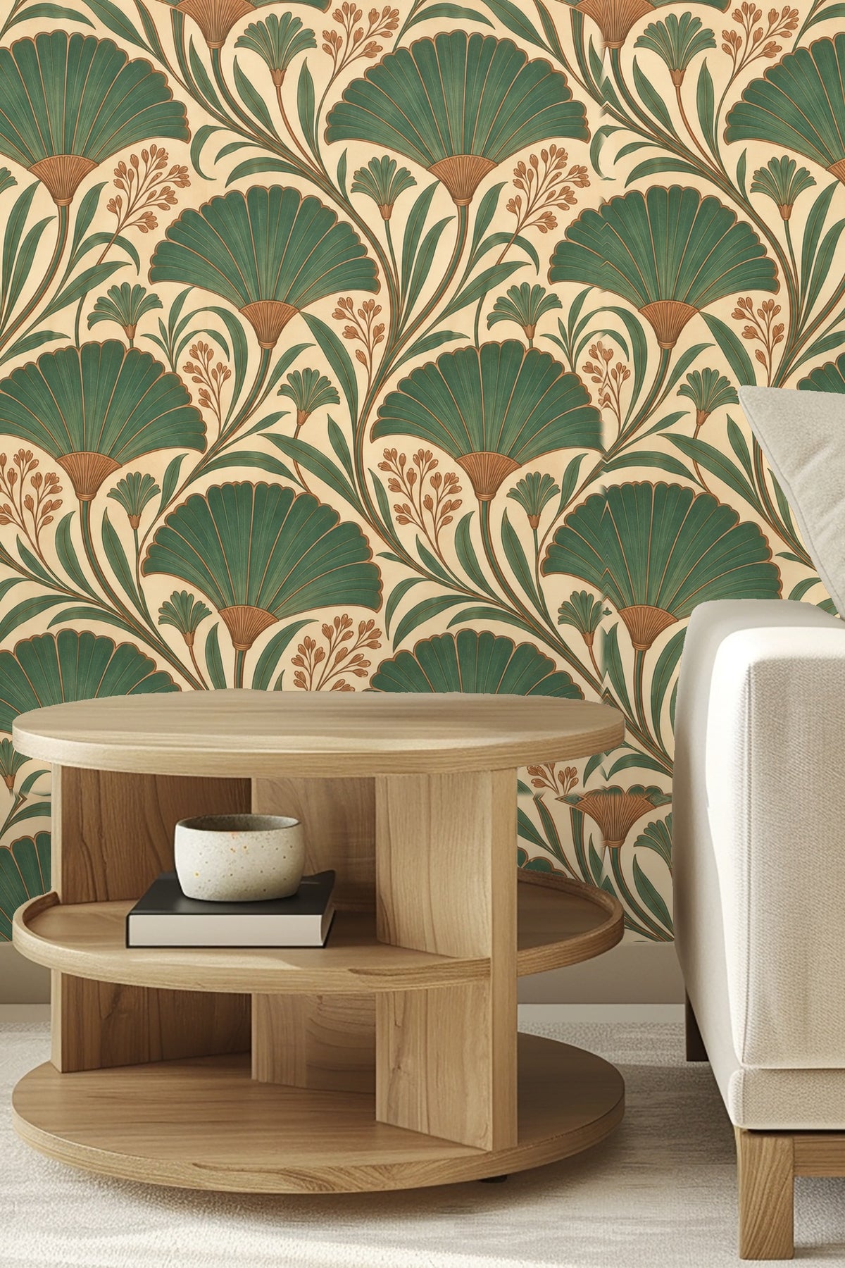 Entryway with arched niche adorned in green and brown fan-shaped foliage wallpaper with round mirror and wood bench