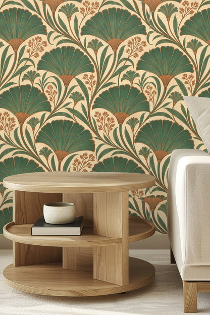 Entryway with arched niche adorned in green and brown fan-shaped foliage wallpaper with round mirror and wood bench