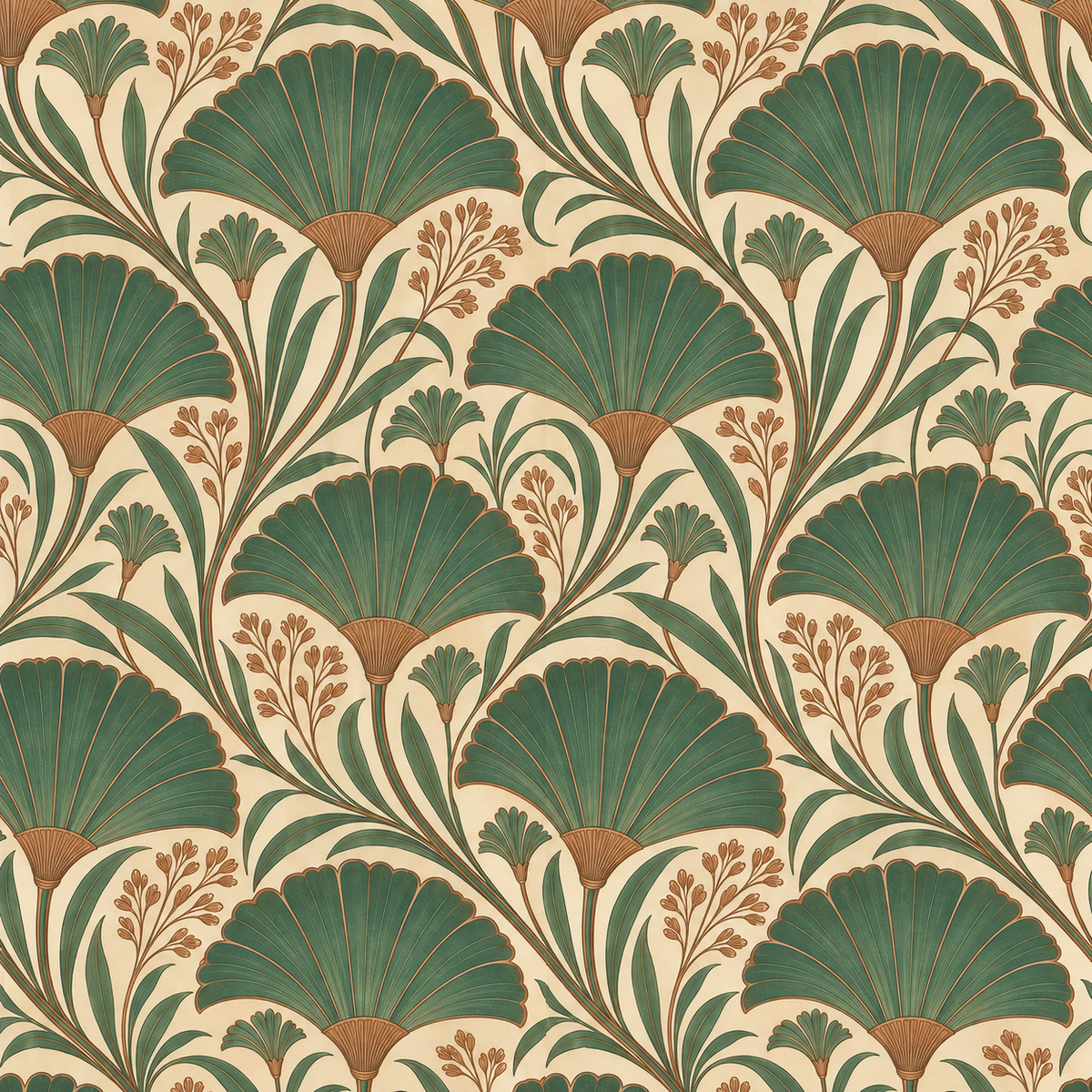 Fan-shaped leaf wallpaper styled in a cozy, sophisticated room setting