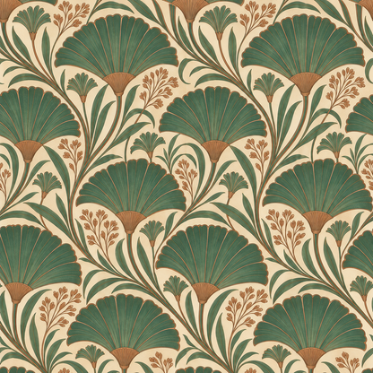 Fan-shaped leaf wallpaper styled in a cozy, sophisticated room setting