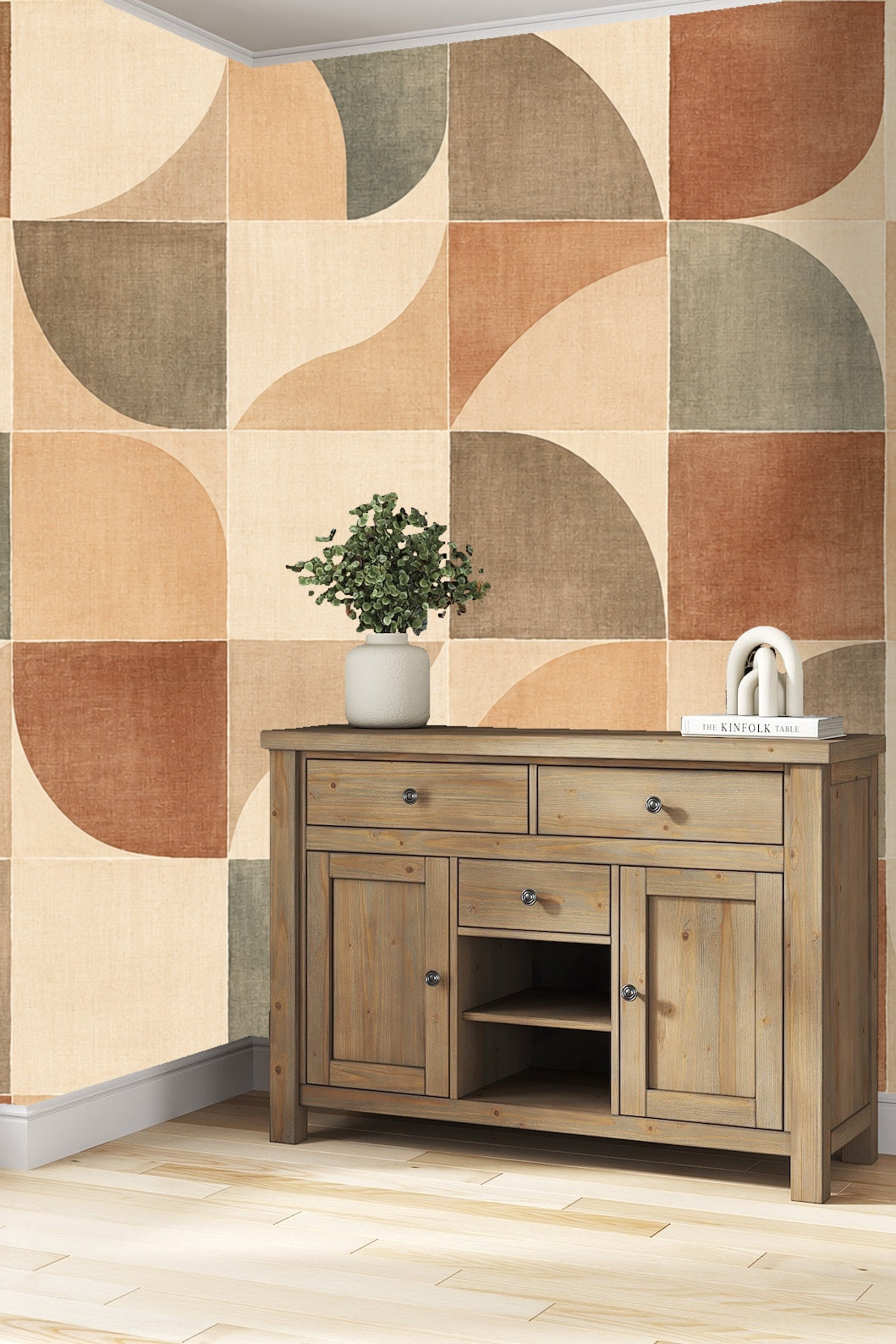 Terracotta Arc Mosaic wallpaper shown in an interior setting