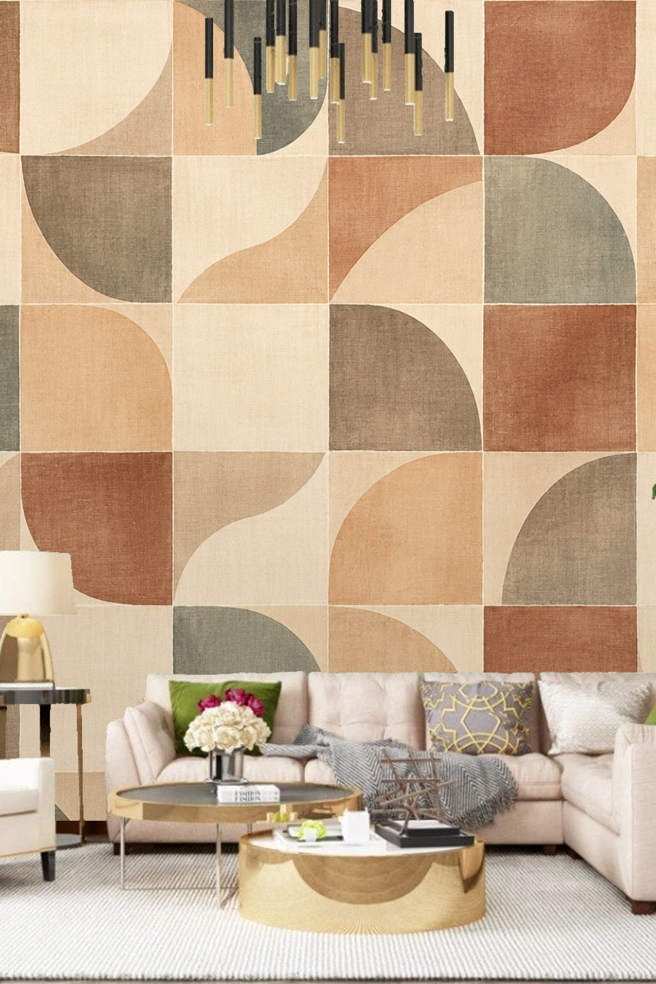 Terracotta Arc Mosaic wallpaper shown in an interior setting