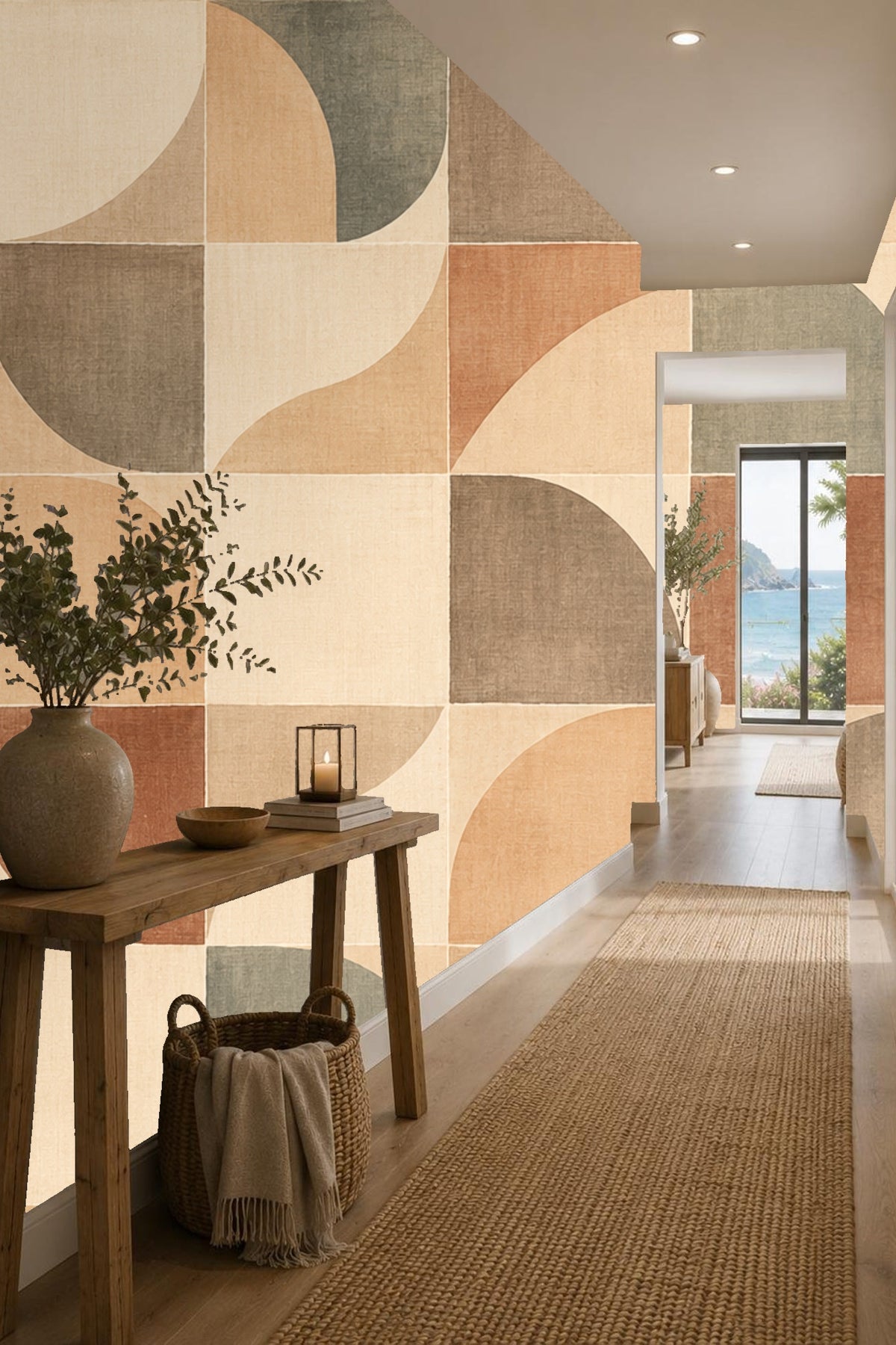 Terracotta Arc Mosaic wallpaper shown in an interior setting