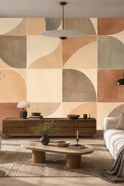 Geometric wallpaper with terracotta, beige, taupe, and muted green quarter circles