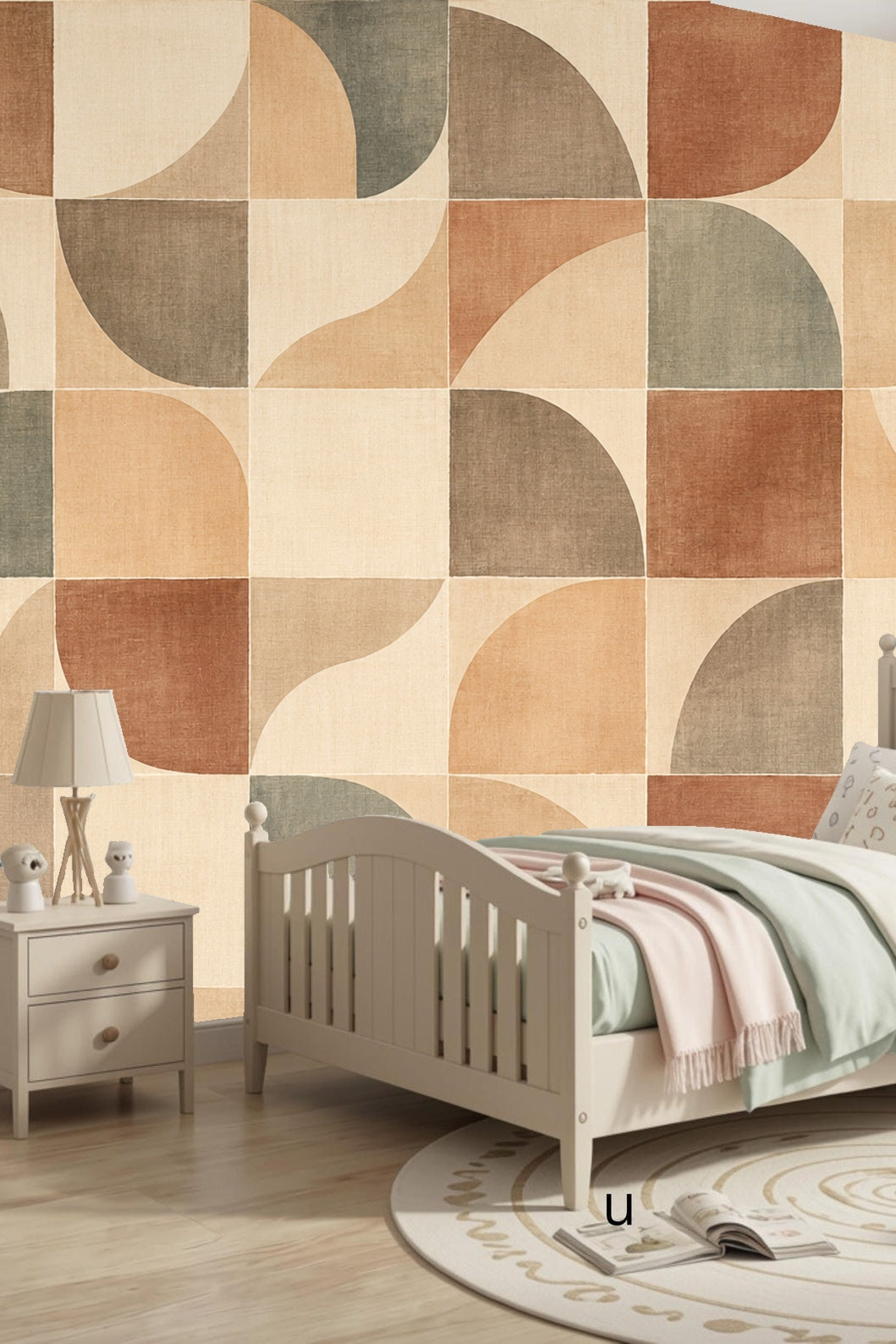 Terracotta Arc Mosaic wallpaper shown in an interior setting