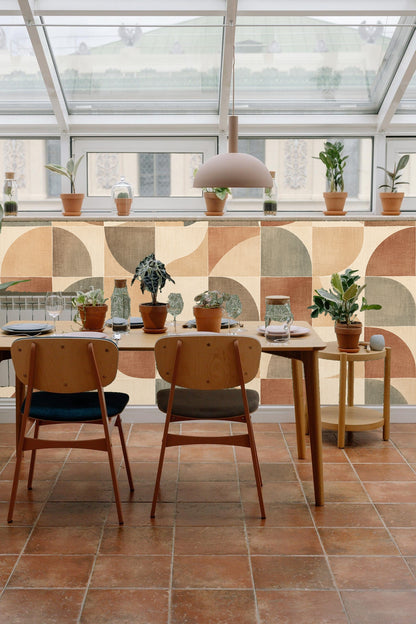 Terracotta Arc Mosaic wallpaper shown in an interior setting