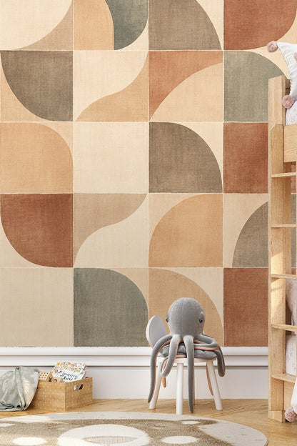 Living room with terracotta arc mosaic wallpaper behind media console and rounded coffee table